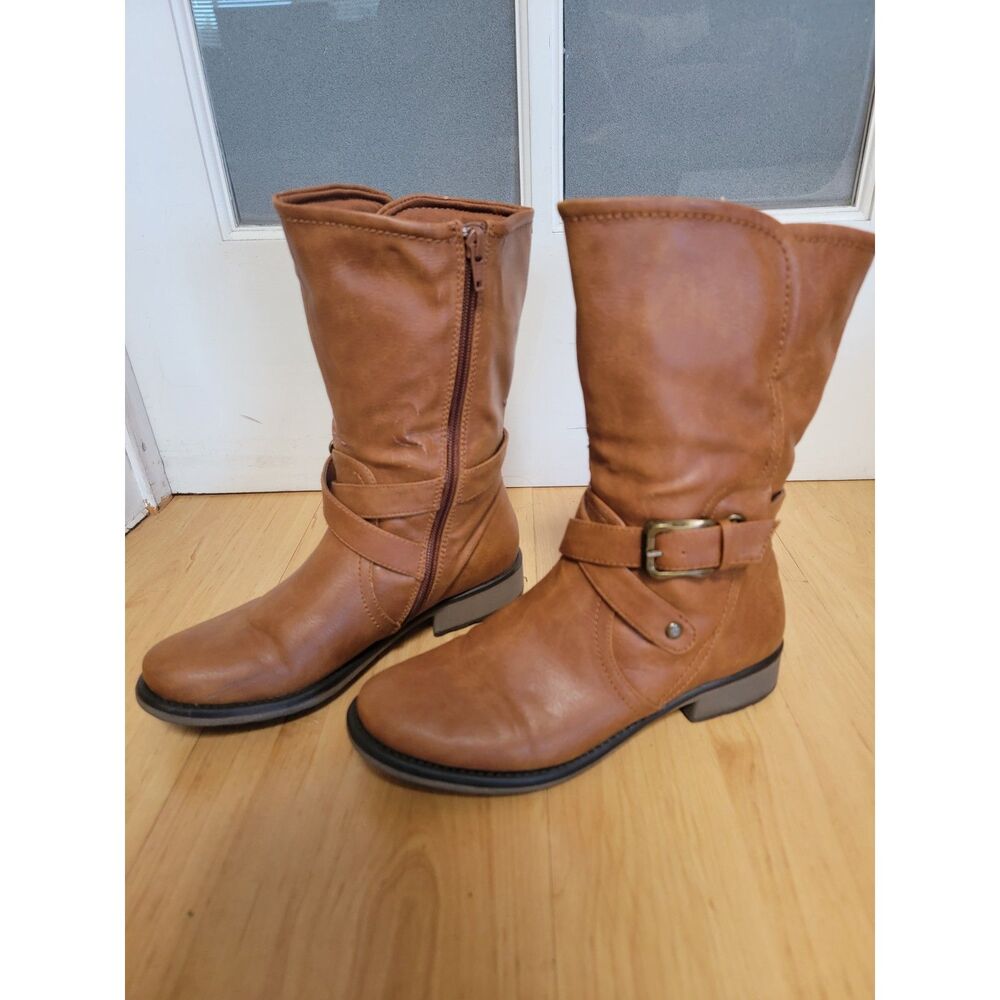 BareTraps Saldana Buckle Moto Mid-Calf Boots Cognac Brown Size 6.5M